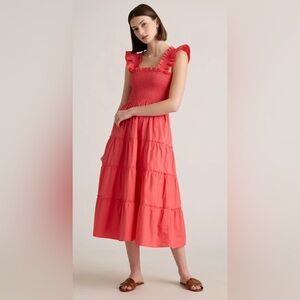 Quince 100% Organic Cotton Poplin Smocked Midi Dress, Spiced Coral - M